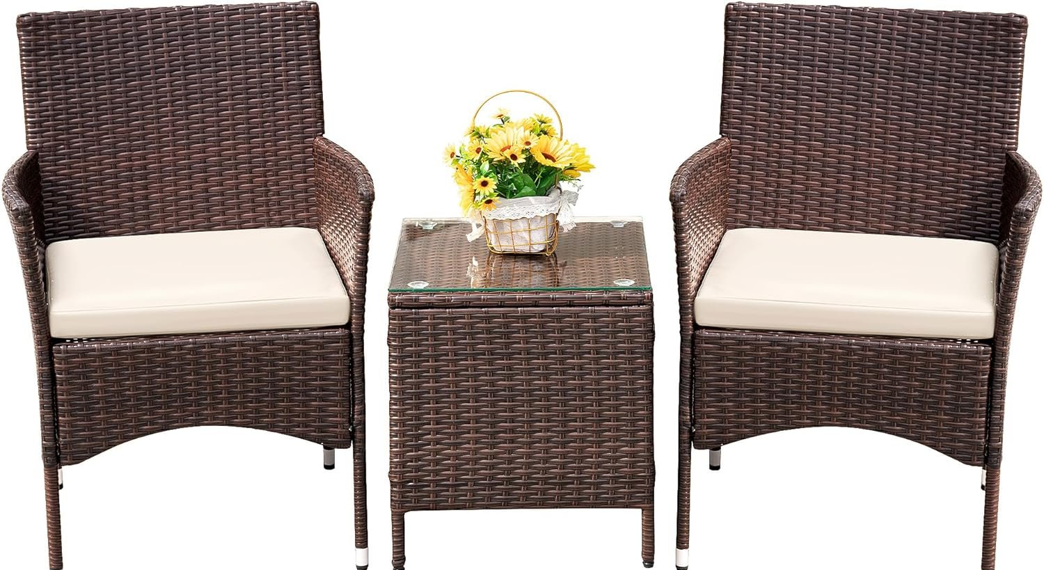 Görsel Düzenleyici (25) Devoko Patio Porch Furniture Sets 3 Pieces PE Rattan Wicker Chairs with Table Outdoor Garden Furniture Sets (Brown/Beige) - Image 1