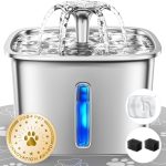 Veken Innovation Award Winner Stainless Steel Cat Water Fountain, 95oz/2.8L Automatic Pet Fountain Dog Water Dispenser with Replacement Filters & Silicone Mat, Gifts for Cats, Dogs (Silver)