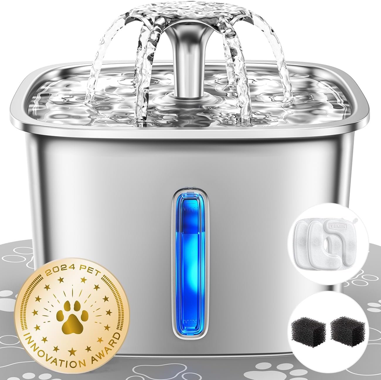 Görsel Düzenleyici (28) Veken Innovation Award Winner Stainless Steel Cat Water Fountain, 95oz/2.8L Automatic Pet Fountain Dog Water Dispenser with Replacement Filters & Silicone Mat, Gifts for Cats, Dogs (Silver) - Image 1